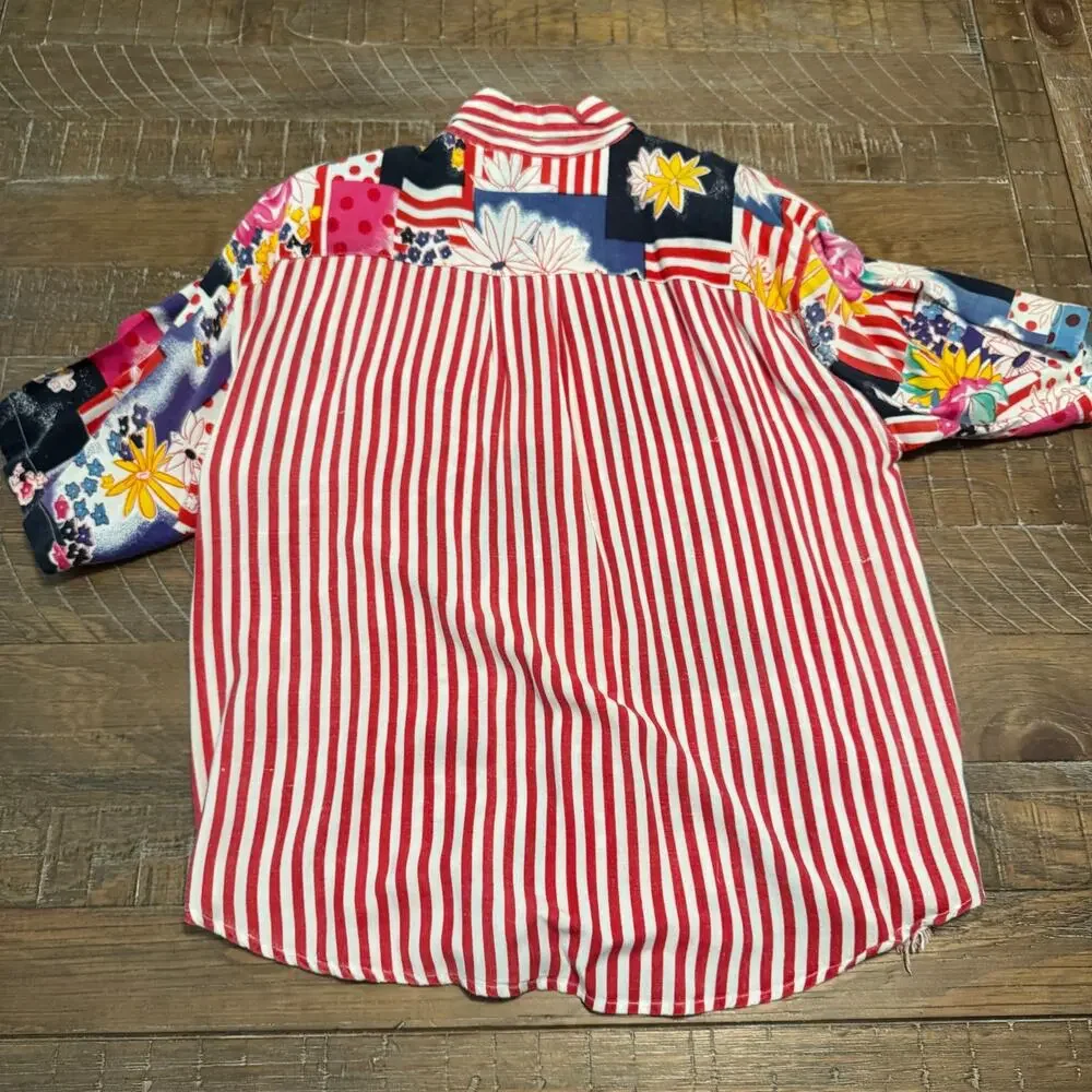 Vintage Afterall Womens L 2 Piece Set Mixed Print Blouse Shorts Outfit 90s Flaw